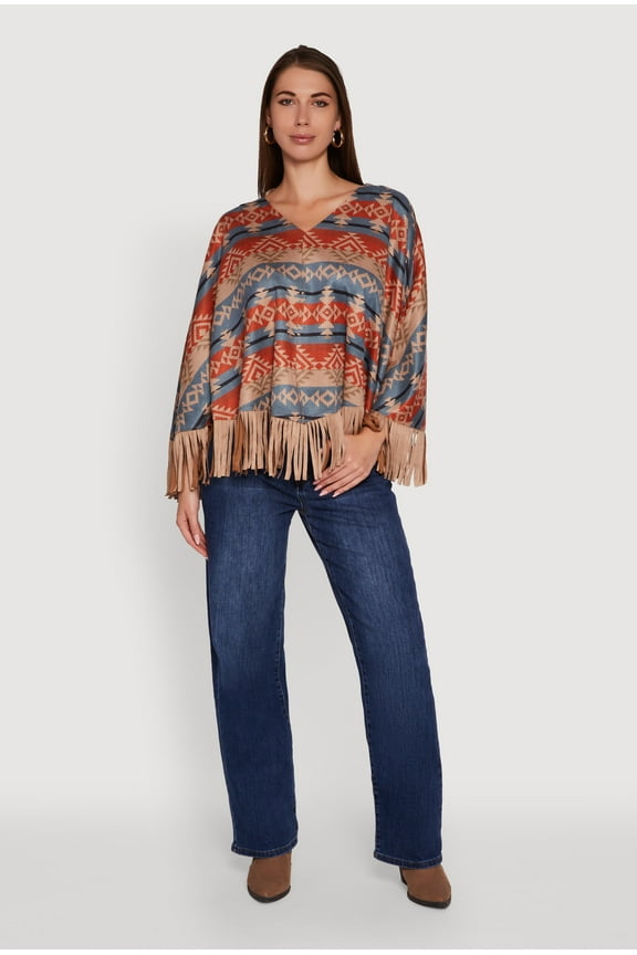 Womens Faux Suede Aztec Print Fringe Poncho