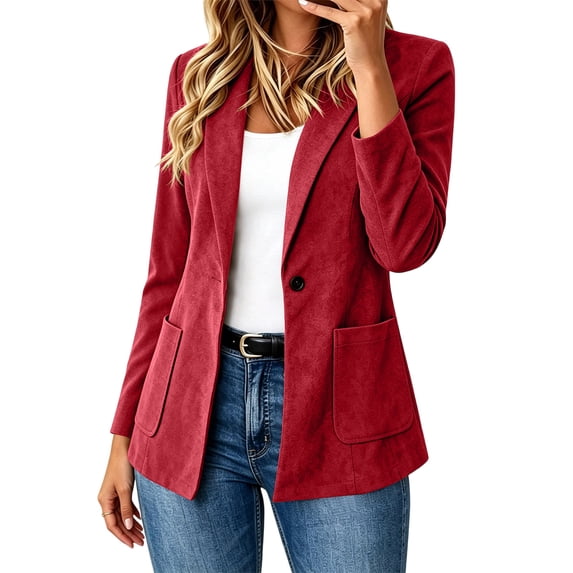 Womens Faux Suede Blazer Business Casual One Button Slim Suit Jackets Lapel Collar Solid Color Trendy Outfits Red M