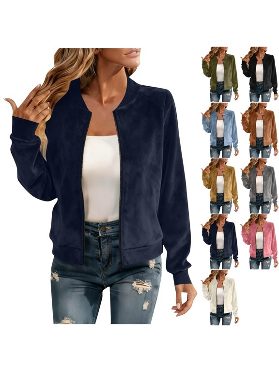 Womens Faux Suede Bomber Jacket Casual Full Zip Raglan Sleeve Varsity Flight Coats Chic Trendy for Going Out Y2K Streetwear Fall Fashion 2026, Navy, M