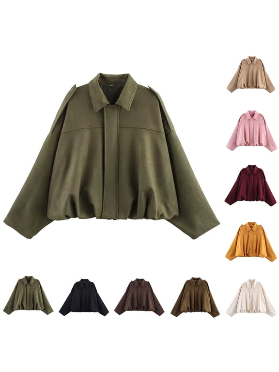 Womens Faux Suede Bomber Jacket Casual Lapel Pilot Cropped Coat Oversized Motorcycle Jackets Outerwear Army Green XL(XL)