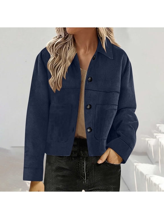 Womens Faux Suede Bomber Jacket Casual Lapel Pilot Cropped Coat Oversized Motorcycle Jackets Outerwear Blue S