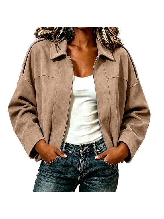 Womens Faux Suede Bomber Jacket Oversized Batwing Long Sleeve Zip Up Casual Streetwear Trendy Outerwear (M, Khaki)
