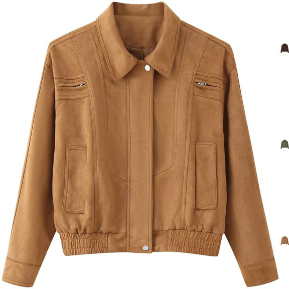 Womens Faux Suede Bomber Jackets Zip Up Flight Jacket Drop Shoulder Elastic Hem Moto Biker Coats with Pockets Fall Fashion 2026 Going Out Streetwear, Yellow, M