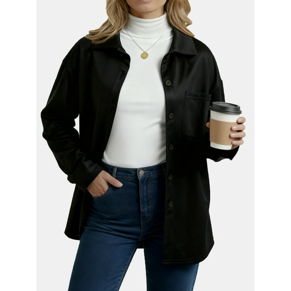 Womens Faux Suede Button Down Shirts Jacket Soft Warm Layered Top Casual Loose Fit Top Black
