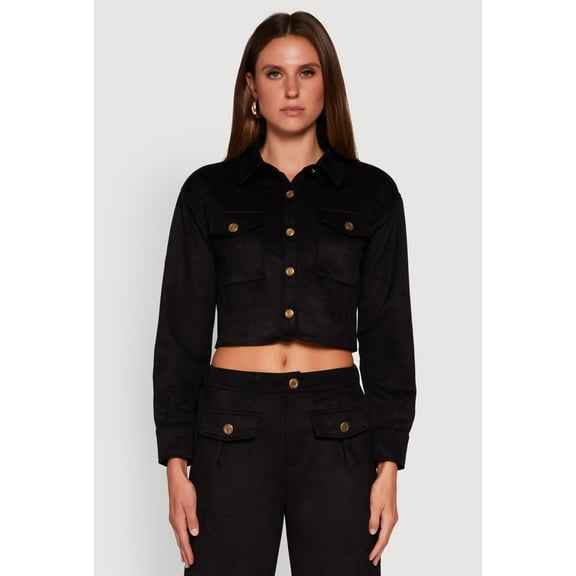 Womens Faux Suede Button Front Cropped Shirt
