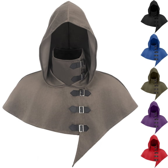 Womens Faux Suede Hooded Cape Halloween Cowl Neck Shrug Asymmetrical Buckles Gothic Poncho for Medieval Costume Party Outfits, Brown, Free Size