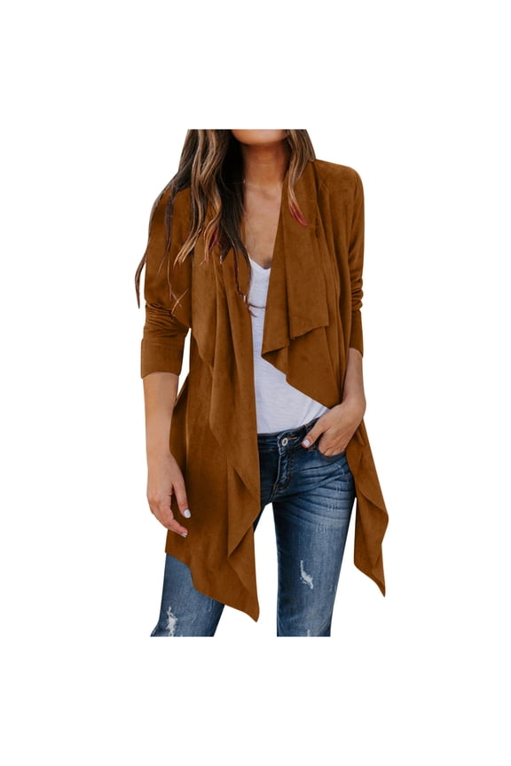 Womens Faux Suede Jacket Drapped Open Front Cardigan Lightweight Asymmetrical Hem Long Sleeve Fall Outerwear Coat (M, Brown)
