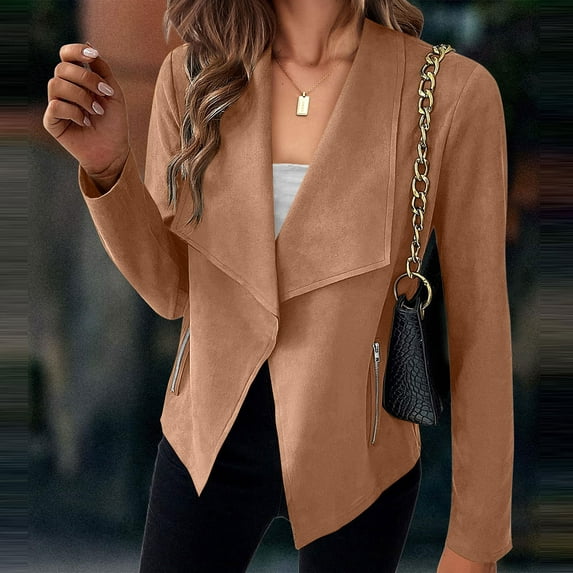 Womens Faux Suede Jackets Cropped Open Front Cardigan Casual Long Sleeve Work Office Lapel Collar Fashion Blazer Jacket