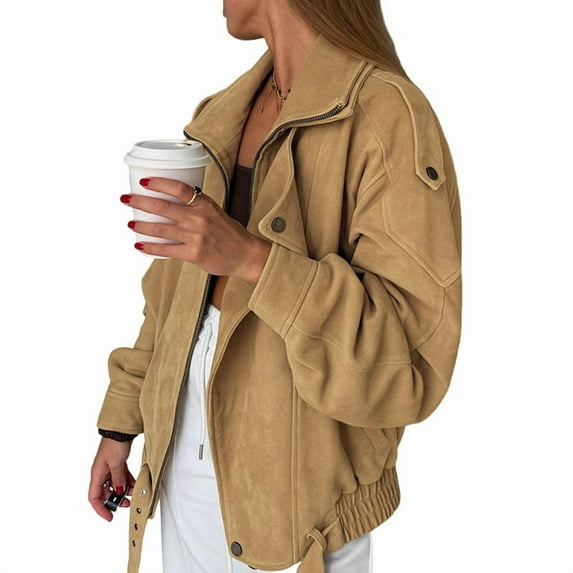 Womens Faux Suede -Jackets Oversized Cropped Zip Up Lapel Coats Fall Casual Coat Khaki M