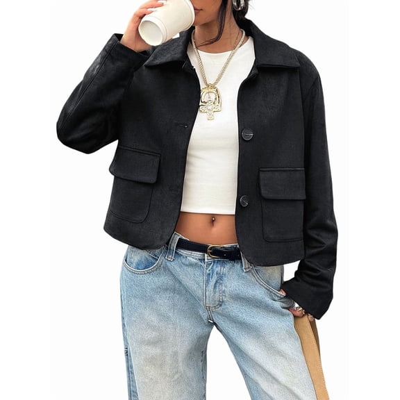 Womens Faux Suede Leather Jackets Casual Cropped Coats Vintage Button Down Shackets Black XL