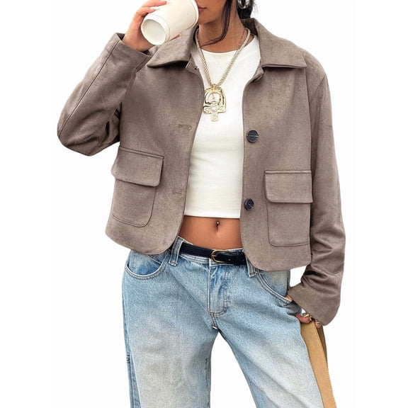 Womens Faux Suede Leather Jackets Casual Cropped Coats Vintage Button Down Shackets Khaki XS