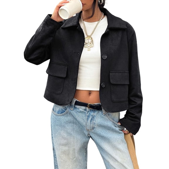 Womens Faux Suede Leather Jackets Casual Cropped Coats Vintage Button Down Shackets