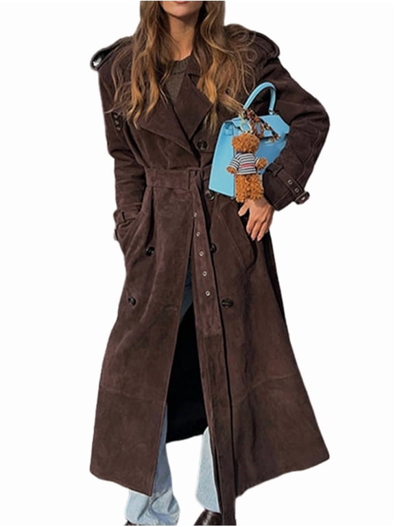 Womens Faux Suede Long Trench Coat Notched Lapel Double Breasted Pea Coat Overcoat with Belt Dark Brown M