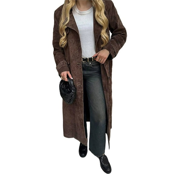 Womens Faux Suede Long Trench Coat Notched Lapel Double Breasted Pea Coat Overcoat with Belt Dark Brown M