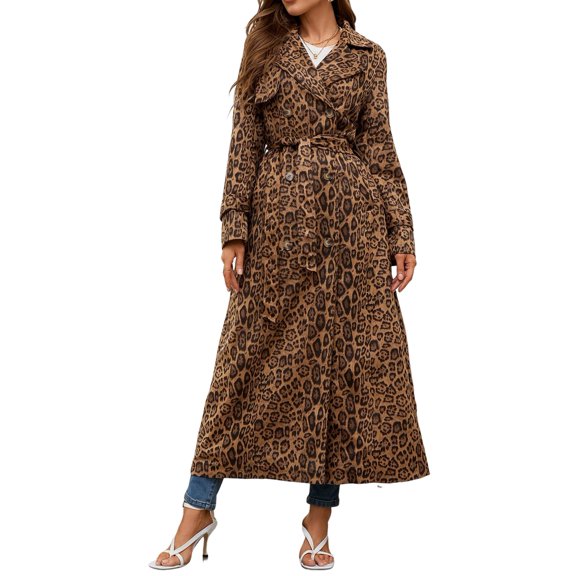 Womens Faux Suede Long Trench Coat Notched Lapel Double Breasted Pea Coat Overcoat with Belt Leopard Print M
