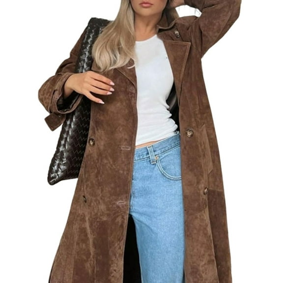 Womens Faux Suede Long Trench Coat Notched Lapel Double Breasted Pea Coat Overcoat with Belt Light Brown M