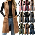thumbnail image 1 of Womens Faux Suede Long Vest Notch Lapel Double Breasted Sleeveless Blazer Jacket Fall Lightweight Trench Coat with Pockets, 1 of 6