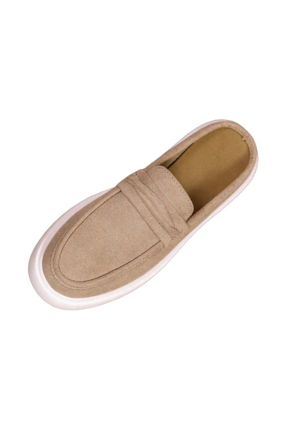 Womens Faux Suede Mule Loafers - Backless Slip On Platform Comfortable Casual Walking Shoes with Non-Slip Rubber Sole, Khaki,Size 5.5