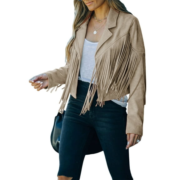 Womens Faux Suede Tassel Fringe Jacket Long Sleeve Cropped Moto Biker Coat Slim Fitted Short Motorcycle Outwear