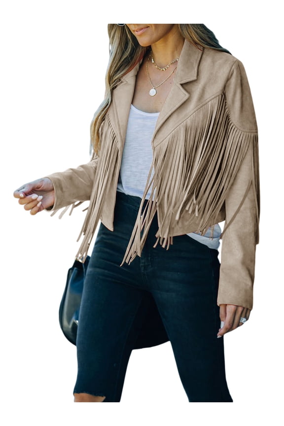 Womens Faux Suede Tassel Fringe Jacket Long Sleeve Cropped Moto Biker Coat Slim Fitted Short Motorcycle Outwear