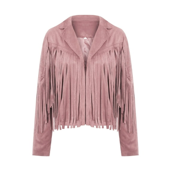 Womens Faux Suede Tassel Fringe Jacket Long Sleeve Cropped Moto Biker Coat Slim Fitted Short Motorcycle Outwear