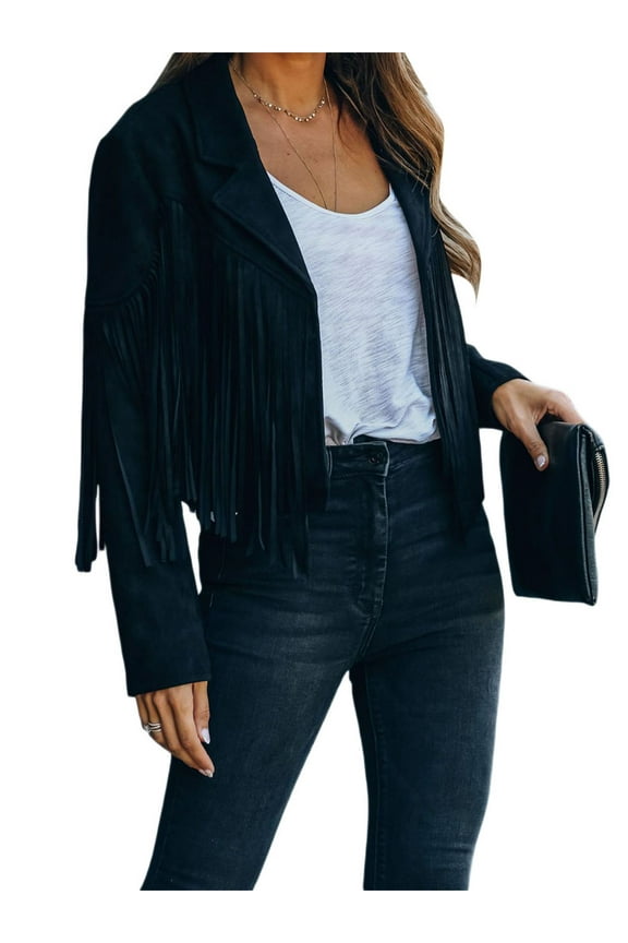 Womens Faux Suede Tassel Fringe Jacket Long Sleeve Cropped Moto Biker Coat Slim Fitted Short Motorcycle Outwear