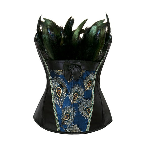 Womens Feather Peacock Corset Overbust Corset Top Vintage Corset Bustier Plus Size Showgirl Top Black 2XL