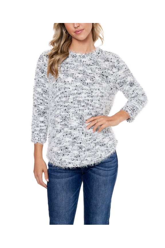 Womens Feather Popcorn Crew Neck Rounded Hem Sweater White XL