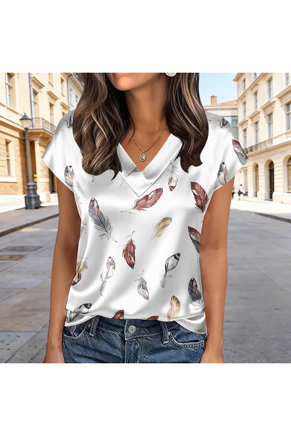 Womens Feather Print V Neck Cap Sleeve Blouse, Lightweight Flowy Bohemian Top, Wrinkle Free Plus Size S-5XL,Size XL