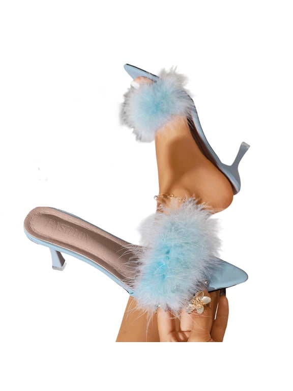 Womens Feather Slippers Pointed-toe Stilettos Slides Fashion High Heels Sandals Mules Party Shoes Sky Blue 7.5