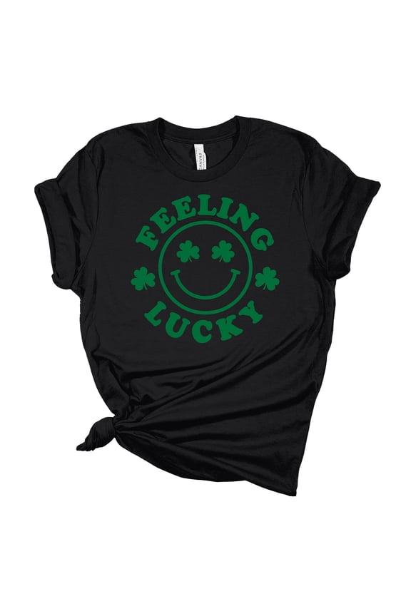 Womens Feelin Lucky Smile Shamrock St. Patricks Day Unisex Fit Short Sleeve T-shirt Graphic Tee-Black-4xl