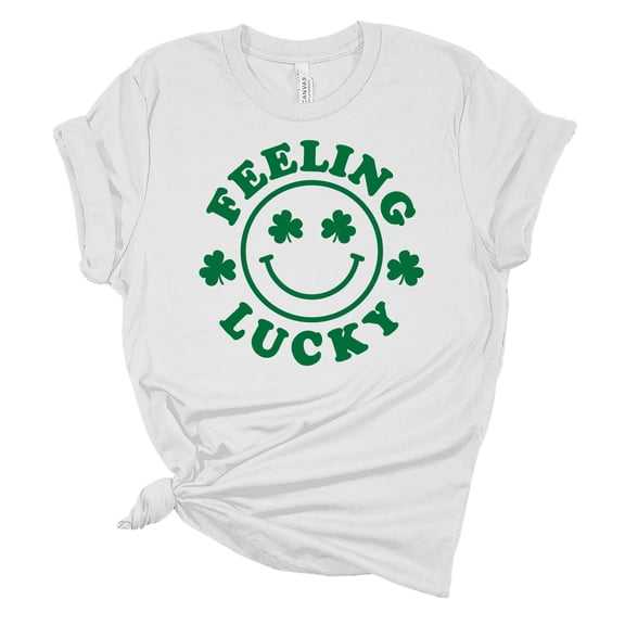 Womens Feelin Lucky Smile Shamrock St. Patricks Day Unisex Fit Short Sleeve T-shirt Graphic Tee-White-large
