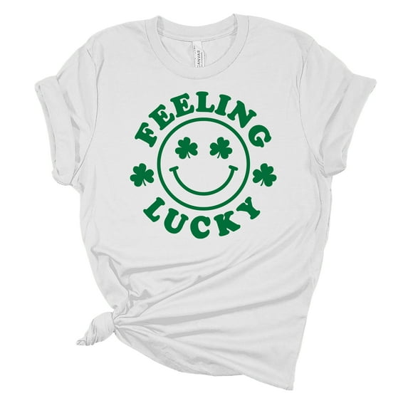 Womens Feelin Lucky Smile Shamrock St. Patricks Day Unisex Fit Short Sleeve T-shirt Graphic Tee-White-xxl