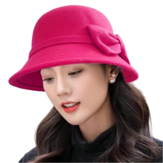 Womens Felt Cloche Hats with Bow Vintage Bowler Lady Bucket Versatile British Basin Hat for Church Wedding Hot Pink One Size