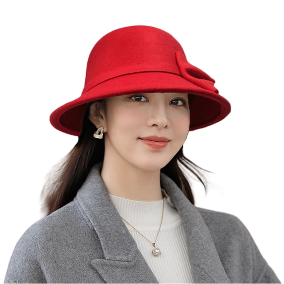 Womens Felt Cloche Hats with Bow Vintage Bowler Lady Bucket Versatile British Basin Hat for Church Wedding Red One Size