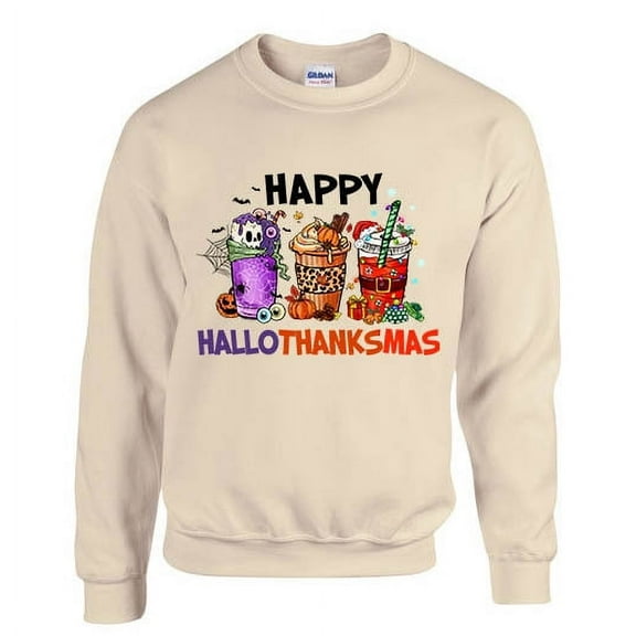Womens Festive Holiday Sweatshirt Happy Hallowthankmas Funny Crewneck Sweatshirt-Sand-small