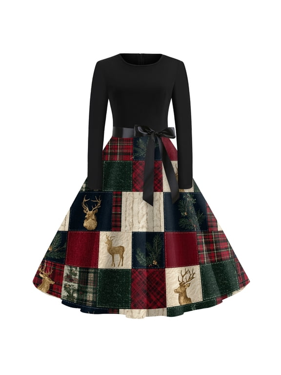 Womens Festive Wreath Print A Line Midi Dress Round Neck Long Sleeve Casual Christmas Swing Dress