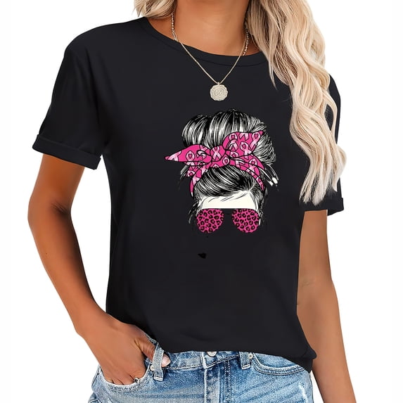 Womens Fighter Messy Bun Breast Cancer Awareness Pink Warrior Round Neck T Shirt Black 2X-Large