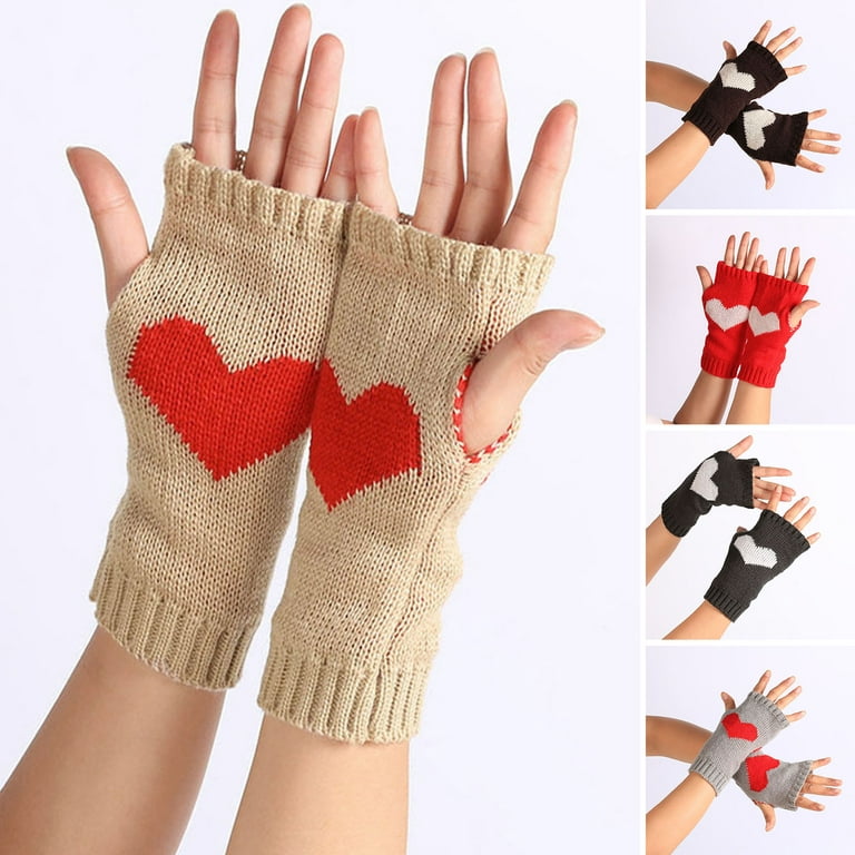 Womens Fingerless Gloves - Winter Warm Knit Crochet Thumbhole Arm Warmers,  Love Heart Print Fingerless Mittens