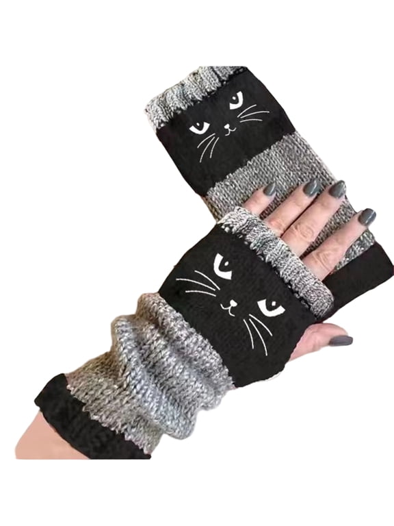 Womens Fingerless Knit Gloves Winter Warm Patchwork Embroidered Cat Pattern Hand Wrist Cover Soft Stretch Cuff for Typing Writing Daily Wear Black