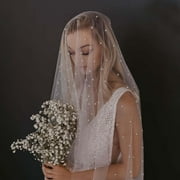 Womens Fingertip Length Pearl Wedding Bridal Veil With Comb