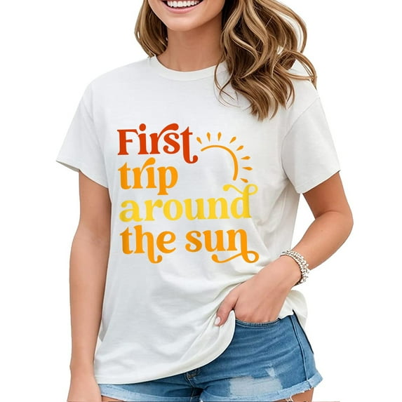Womens First Trip Around the Sun Birthday Sunshine T-Shirt Funny Graphic Casual Short Sleeve Tops White 2X-Large