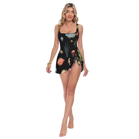 Womens Fish Seaweed Pattern Print 2-in-1 Swim Dress Detachable Skirt One-Piece Swimsuit Square Neck S-XXL