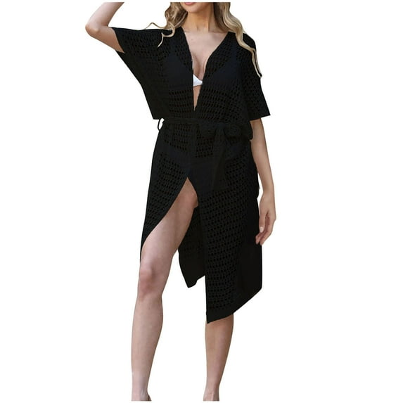 Womens Fishnet Crochet Cardigan Swimsuit Coverups Summer Casual Short Sleeve Open Front Kimono Sweaters with Belt