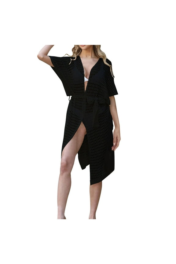 Womens Fishnet Crochet Cardigan Swimsuit Coverups Summer Casual Short Sleeve Open Front Kimono Sweaters with Belt
