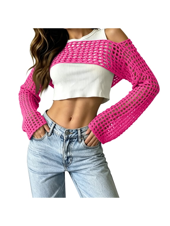 Womens Fishnet Crochet Crop Top Long Sleeve See Through Hollow Out Mesh Bikini Cover Ups Hot Pink XL