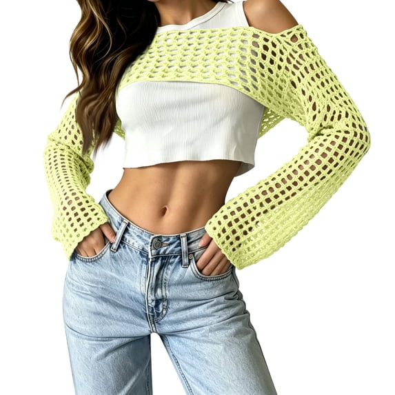 Womens Fishnet Crochet Crop Top Long Sleeve See Through Hollow Out Mesh Bikini Cover Ups Yellow XL