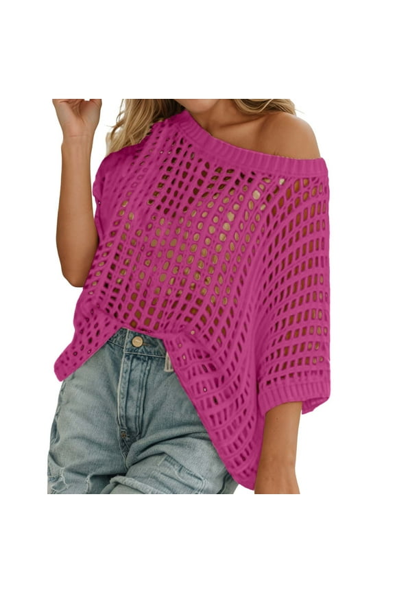 Womens Fishnet Crochet Short Sleeve See Through Hollow Out Mesh Bikini Cover Ups Hot Pink L