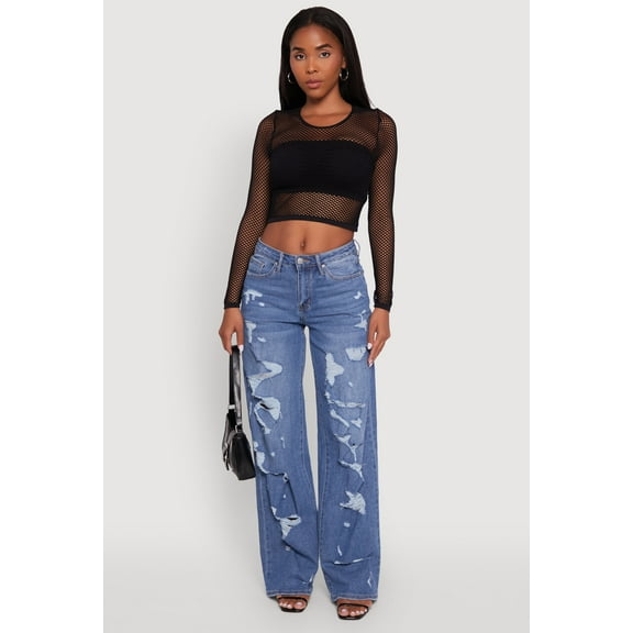 Womens Fishnet Long Sleeve Solid Crop Top