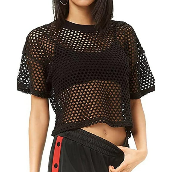 Womens Fishnet Tank Crop Tops Casual See Through T-Shirt Blouse Summer
